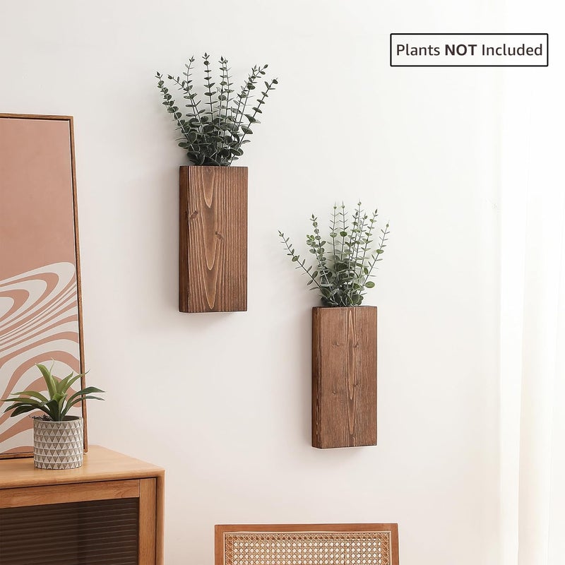GRID FORTE Wood Wall Planter Set of 2, Wood Wall Pocket for Greenery and Dried Flowers, Indoor Hanging Vase, Modern Farmhouse Wall Decor for Living Room Bedroom Office Eucalyptus Stems Decorations (Walnut) - Image 2